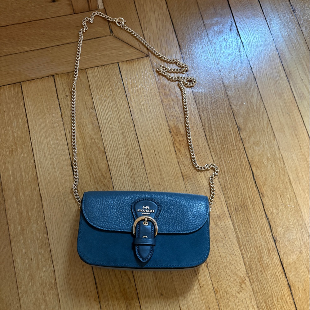 Coach Teal Light Blue Leather Crossbody with Gold Chain Strap NEVER WORN!